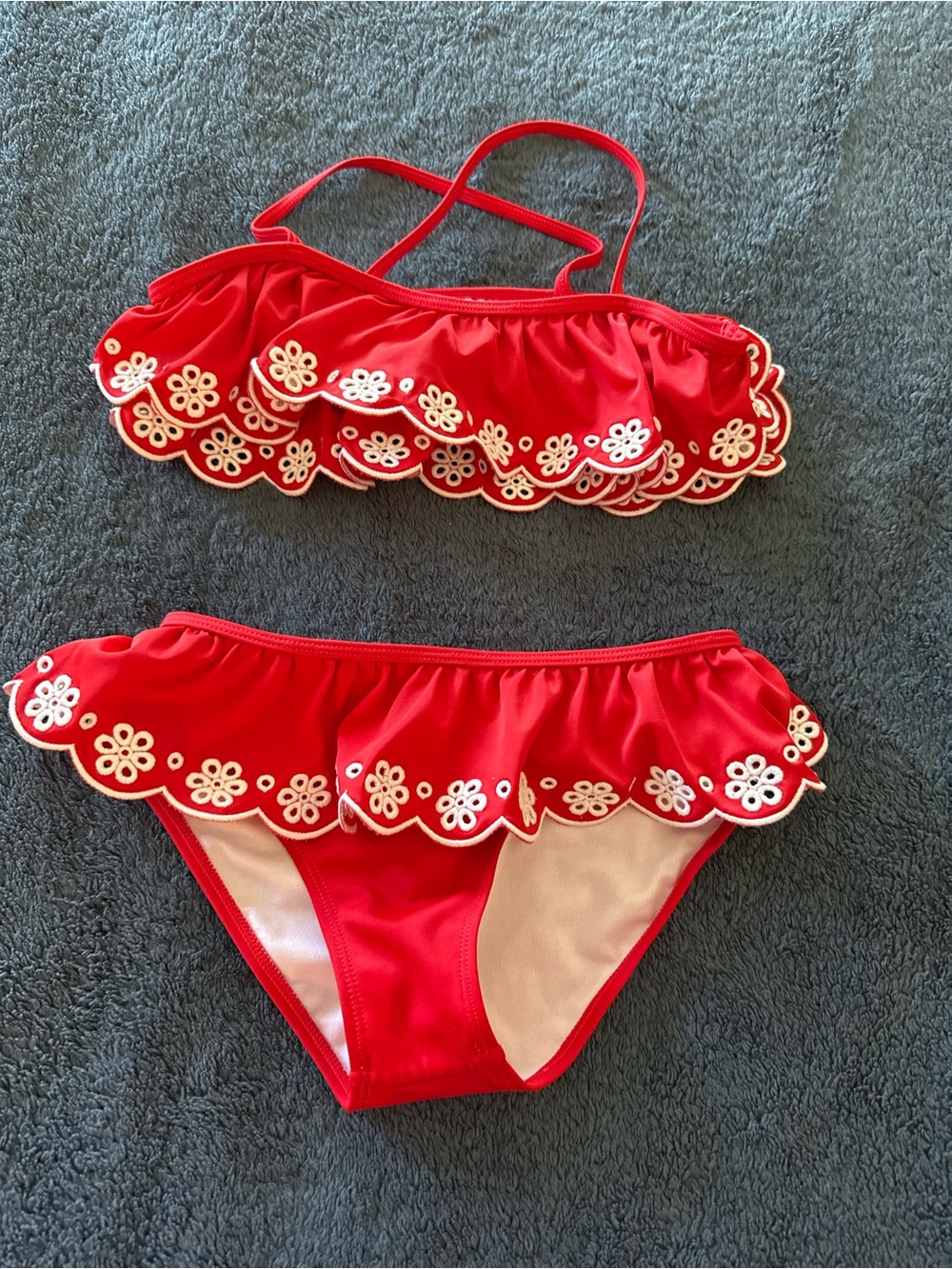 Janie and Jack Red Ruffle Bikini Set with White Flower Trim